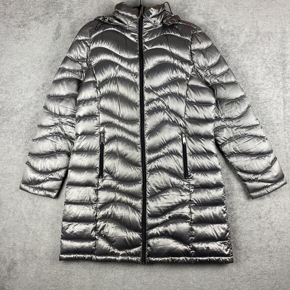 Andrew Marc Puffer Coat Womens Large Silver Packable 650 Fill Long Hooded Down - Picture 1 of 16